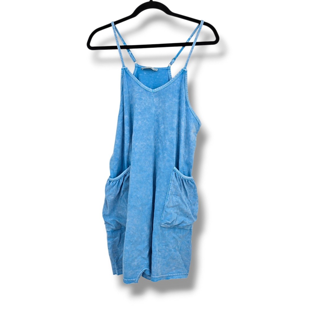 Zenana Women Blue Mineral Wash Romper Sleeveless V-Neck Pocket Jumpsuit Size M